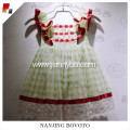 Girls embroidery white check red ribbon dress